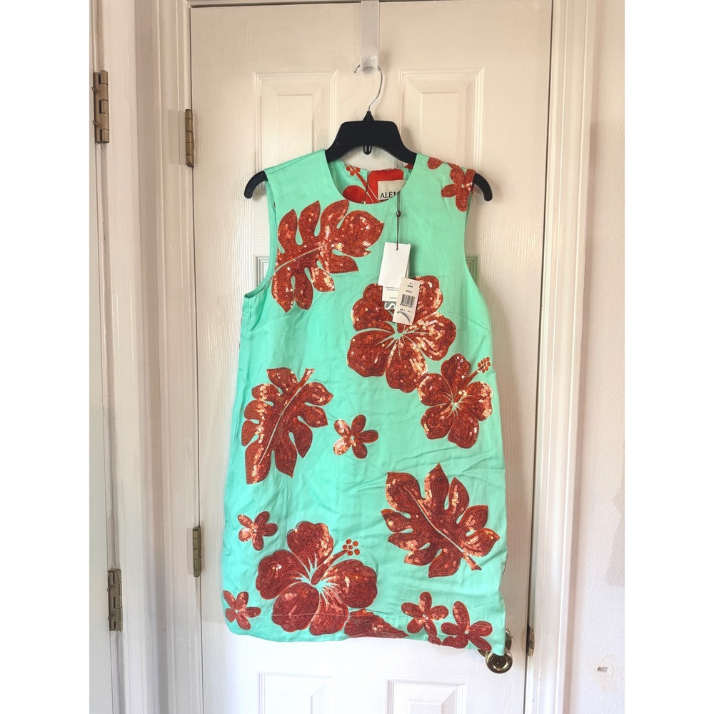 Alemais Sizzle Mini Dress Seafoam Green Sequin Hibiscus Linen Blend 4 US 8 AU